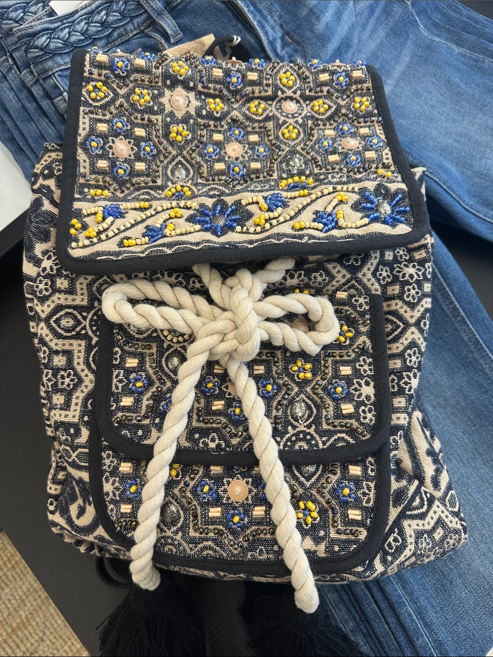 Embroidered Boho Backpack — Blue, Yellow & Cream Rope Drawstring